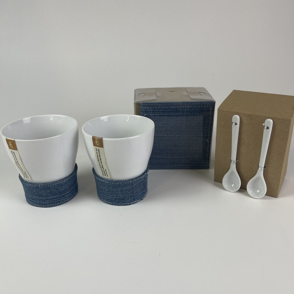 Coffee Mug Porcelain Set Of 2 With Denim Sleeve Coasters And Stir Spoons